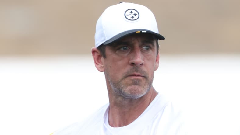 Aaron Rodgers at Steelers training camp in 2025.
