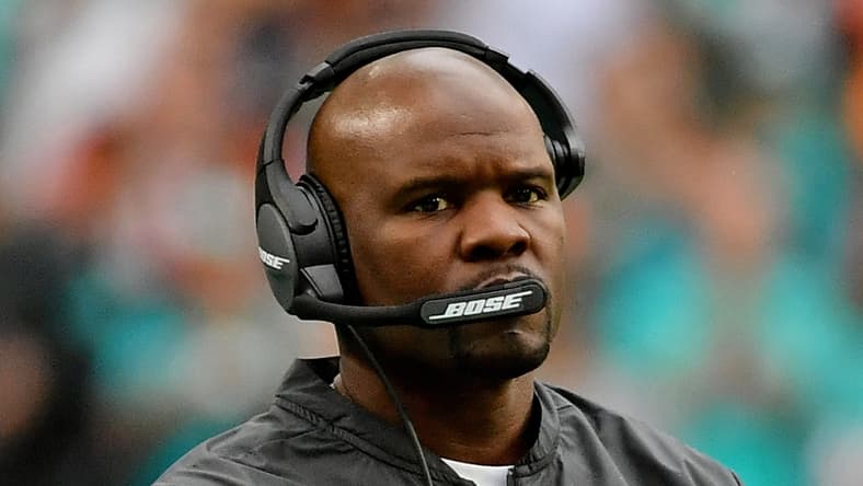 Brian Flores watches the game from the sideline as Dolphins head coach at Hard Rock Stadium