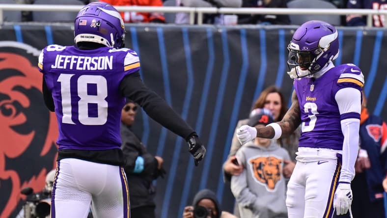 Jordan Addison celebrates a touchdown with Justin Jefferson during a Vikings road game against the Bears. Vikings offense