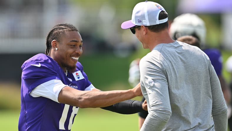 Justin Jefferson and Kevin O'Connell at Vikings training camp in 2024.