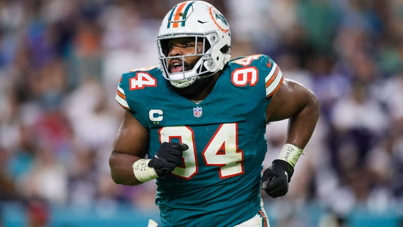 Christian Wilkins looks on during a Dolphins game against the Cowboys at Hard Rock Stadium