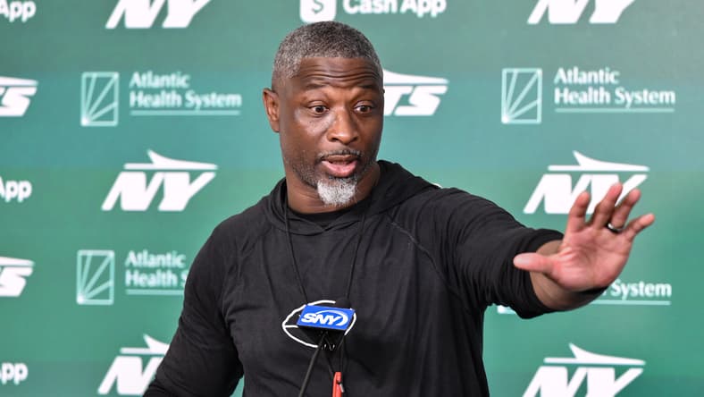 Jets head coach Aaron Glenn speaks during a minicamp press conference in New Jersey. Kobe King