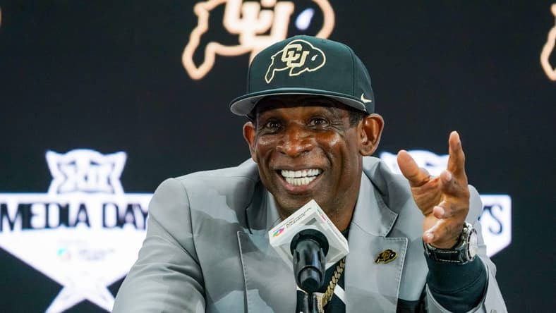 Deion Sanders in 2025 at a press conference.