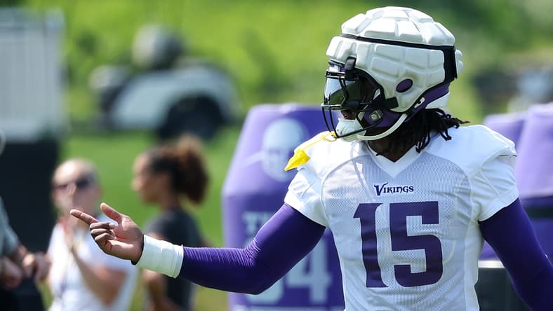 Dallas Turner works through Vikings training camp drills in Eagan. Jonathan Greenard trade