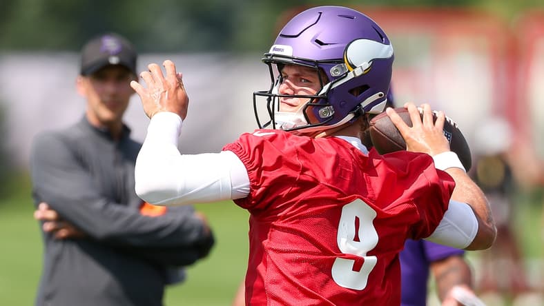 Vikings QB J.J. McCarthy at training camp in 2025.