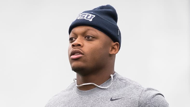 Kobe King warms up during Penn State Pro Day at Holuba Hall in State College.