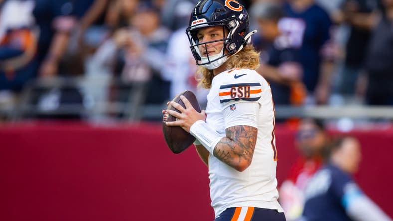 Tyson Bagent in action against Cardinals at State Farm Stadium.