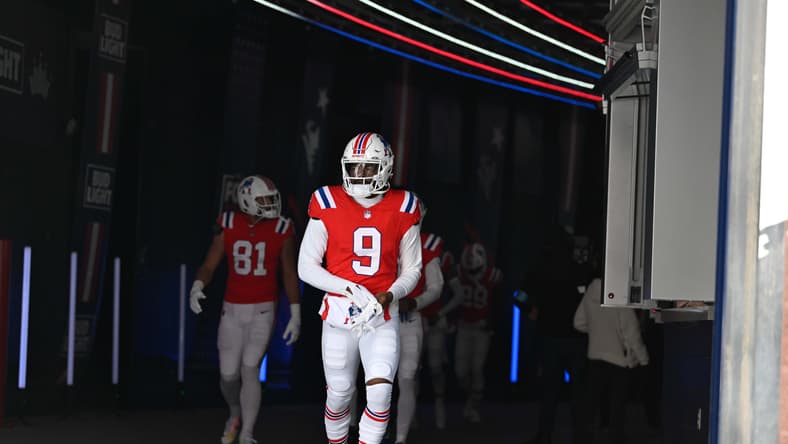 Kayshon Boutte walks out of the tunnel before the Patriots game against the Colts at Gillette Stadium on Dec. 1, 2024.