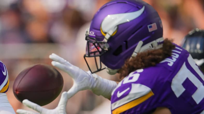 Brett Rypien pitches the ball to Zavier Scott during a preseason game against the Texans at U.S. Bank Stadium. Vikings surprise cut candidate