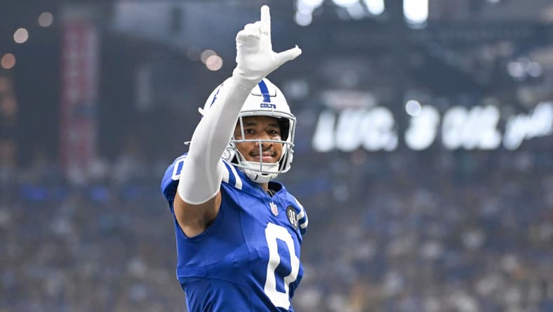 Cam Bynum celebrates after a defensive stop for the Colts against the Packers at Lucas Oil Stadium.