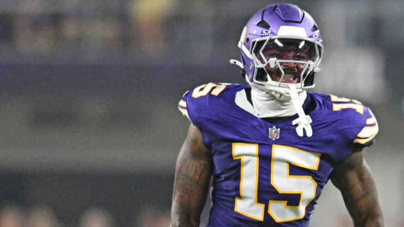 Dallas Turner celebrates during the first half of a Vikings game against the Falcons at U.S. Bank Stadium. Vikings rookies