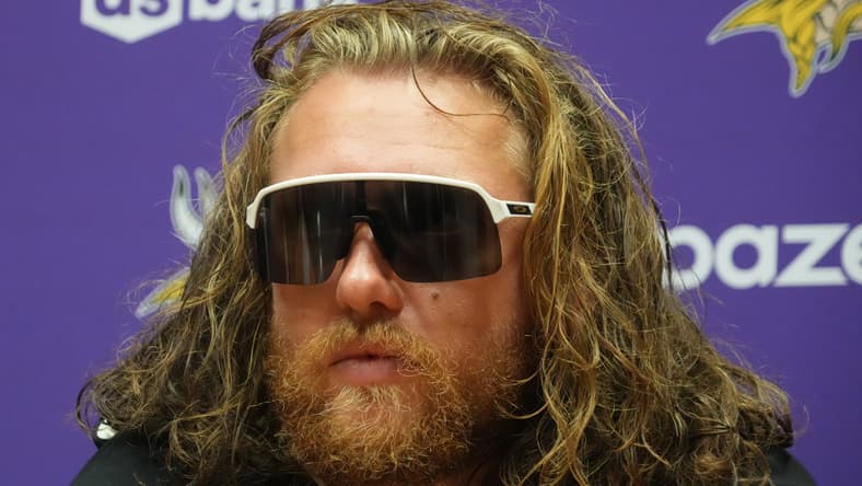 T.J. Hockenson speaks during a Vikings press conference at the Sport Ireland Campus in Dublin, Ireland.