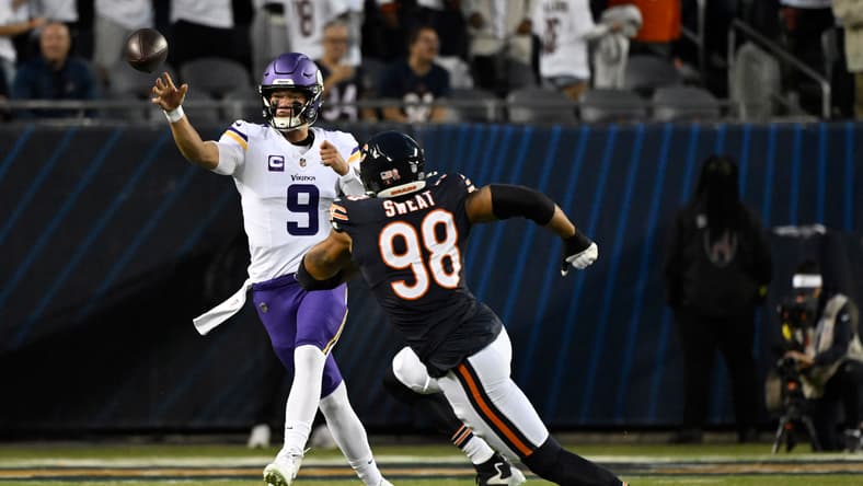J.J. McCarthy drops back to throw against the Bears during a game at Soldier Field. Vikings myths and misses