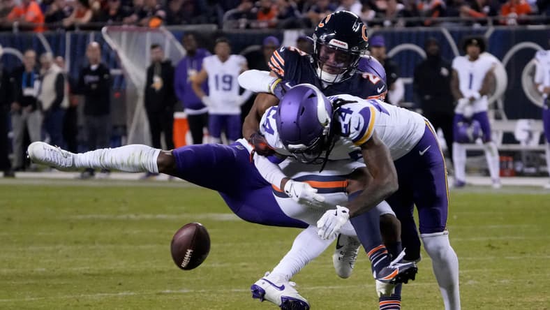 Jay Ward forces the ball loose from Bears wide receiver DJ Moore during a Vikings road game at Soldier Field.