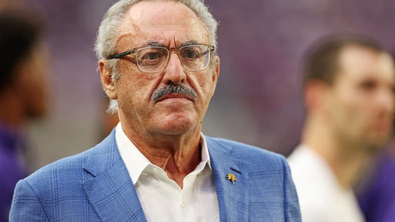 Zygi Wilf watches warmups before a Vikings game against the Atlanta Falcons at U.S. Bank Stadium.