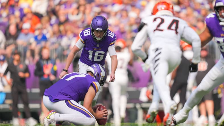 Will Reichard attempts a field goal while Ryan Wright holds during a Vikings game against the Bengals. Vikings schedule