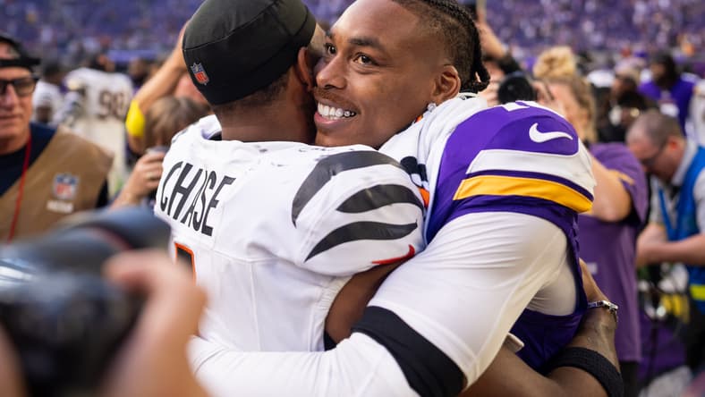 Ja’Marr Chase and Justin Jefferson hug after a Bengals-Vikings game in Minneapolis. Justin Jefferson Jordan Addison