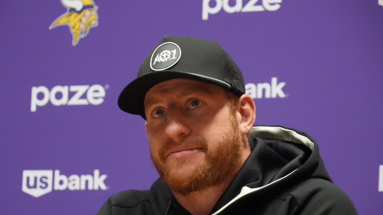 Carson Wentz speaks to reporters at Sport Ireland Campus during the Vikings' trip to Dublin. Vikings predictions