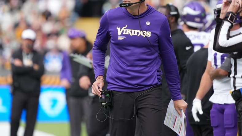 Kevin O’Connell on the sideline during a Vikings game at Croke Park.