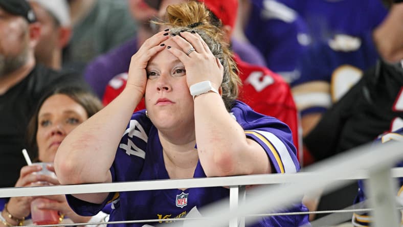 Minnesota Vikings fan watches second-half action against the Atlanta Falcons at U.S. Bank Stadium.