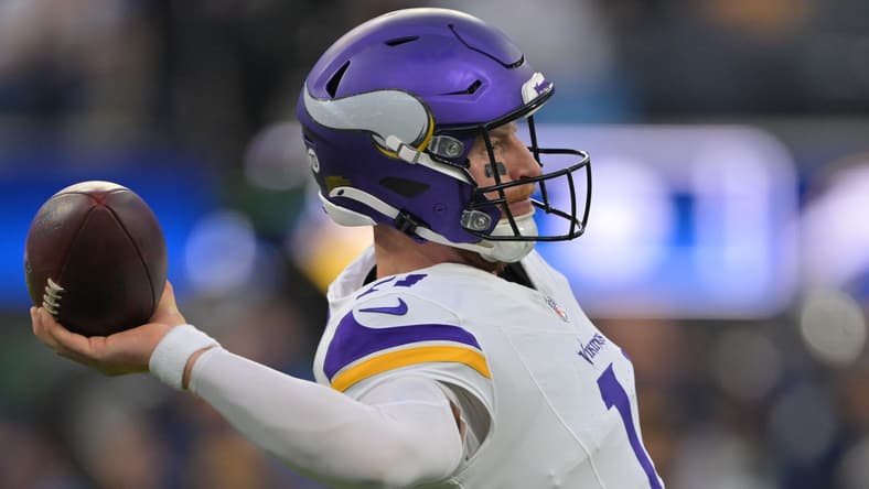 Carson Wentz prepares to throw during a Vikings game against the Chargers at SoFi Stadium. Vikings QB competition