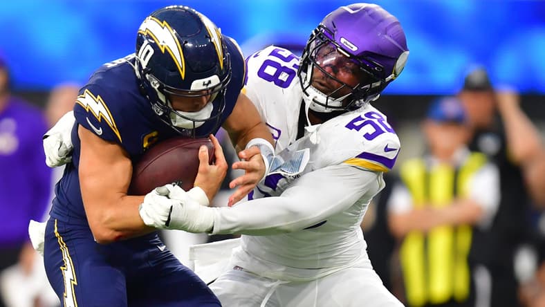 Vikings OLB Jonathan Greenard sacks Justin Herbert in Week 8 of 2025