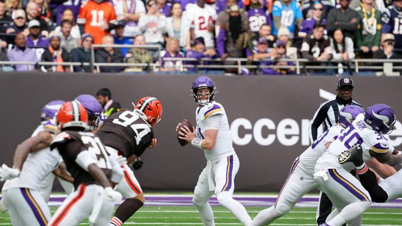 Carson Wentz looks to pass during the Vikings’ International Series matchup against the Browns in London.