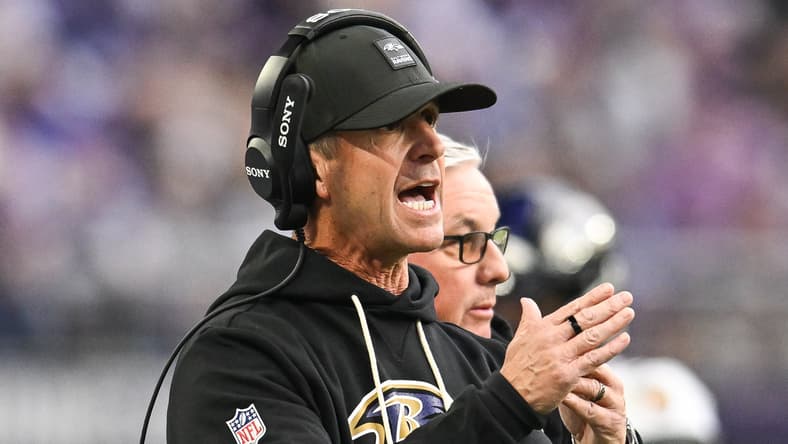 Ravens head coach John Harbaugh against the Vikings in 2025