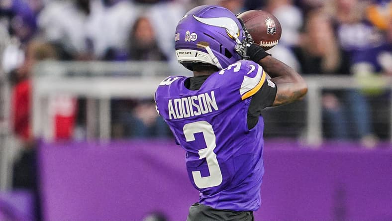 Minnesota Vikings wide receiver Jordan Addison catches a pass against the Baltimore Ravens during a game at U.S. Bank Stadium.