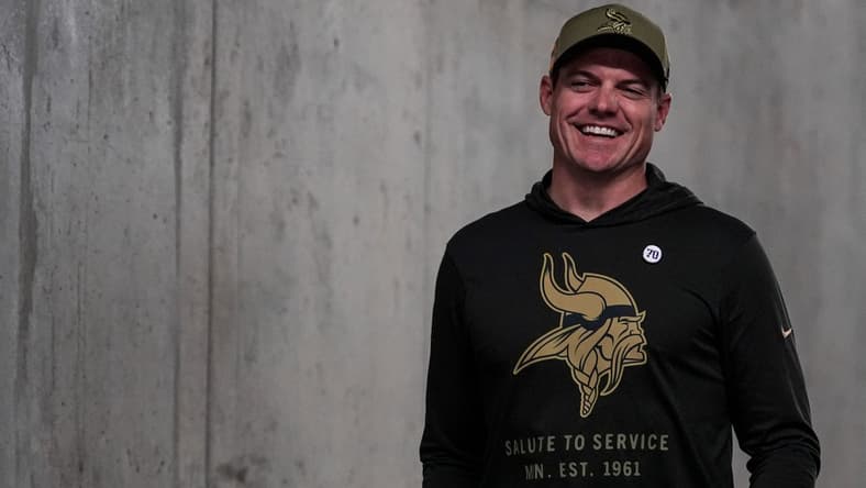 Vikings head coach Kevin O'Connell before a Week 9 game at the Lions in 2025.