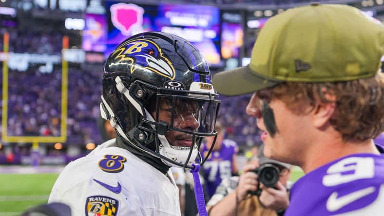 Lamar Jackson and J.J. McCarthy meet after a game between the Ravens and Vikings at U.S. Bank Stadium. Vikings Ravens joint practices