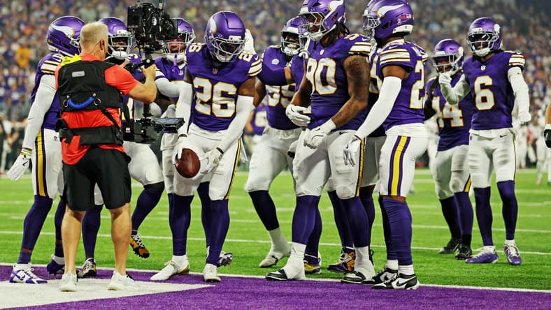 Vikings safety Theo Jackson celebrates after a fumble recovery against the Atlanta Falcons at U.S. Bank Stadium.