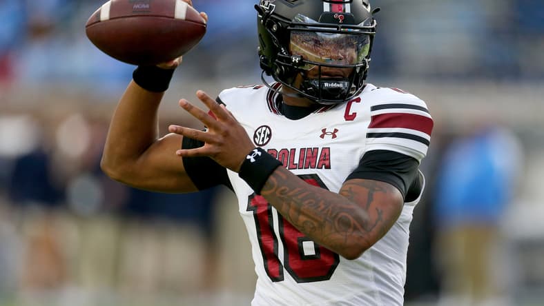 LaNorris Sellers throws passes during warmups before South Carolina's game against Ole Miss. Vikings rumors