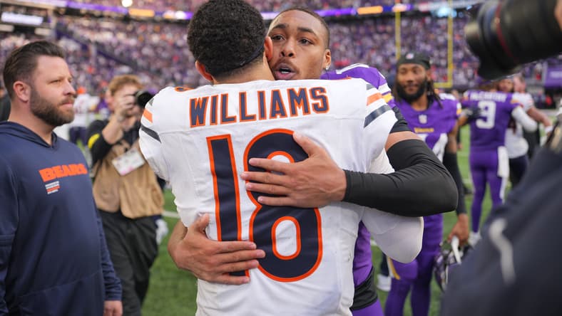 Caleb Williams greets Justin Jefferson after a Bears-Vikings game.
