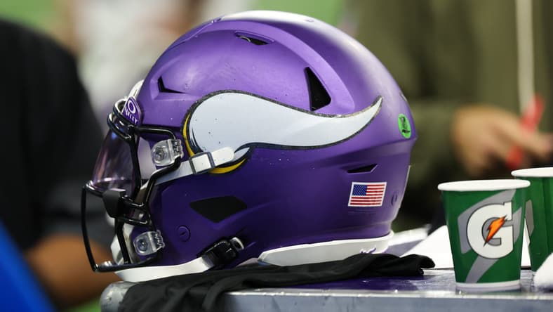 Minnesota Vikings helmet sits on the sideline during a game at Ford Field.