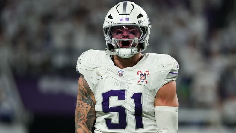 Blake Cashman parties after a defensive stop against the Detroit Lions at U.S. Bank Stadium.