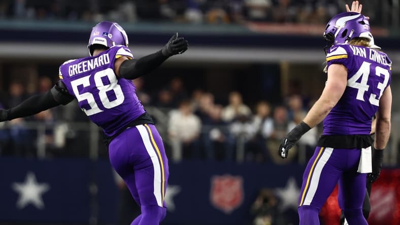 Jonathan Greenard and Andrew Van Ginkel celebrating a defensive play against the Cowboys