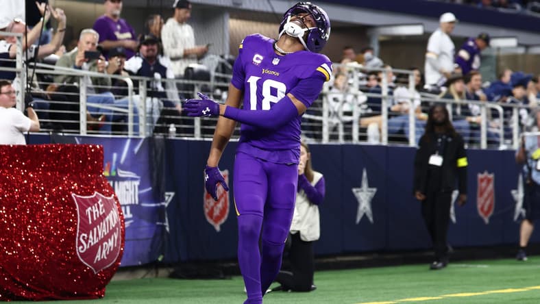 Justin Jefferson reacts during a game against the Cowboys. Justin Jefferson trade Bills.