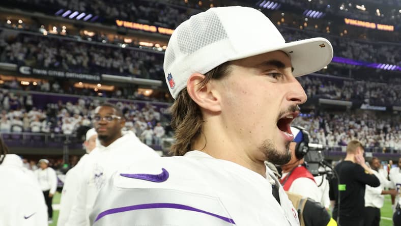 Max Brosmer and Will Reichard talking after a Vikings game at U.S. Bank Stadium