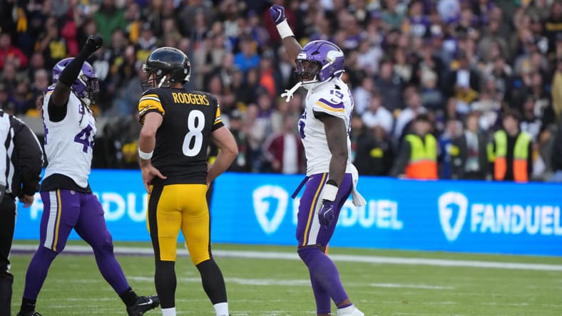 Dallas Turner gestures on the field during the Vikings’ international game against the Steelers at Croke Park in Dublin.
