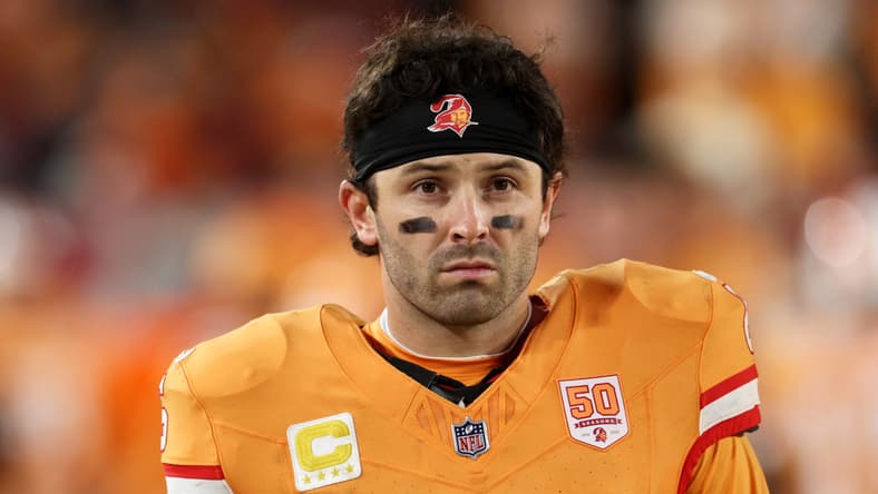 Baker Mayfield looks on during a Buccaneers game against the Falcons.
