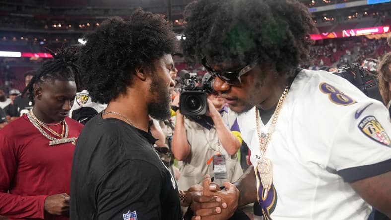 Kyler Murray and Lamar Jackson meet at midfield after a preseason game between the Cardinals and Ravens. Vikings bargain players
