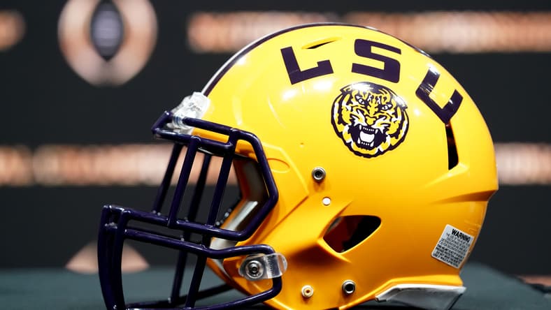 A LSU helmet on display in 2020.