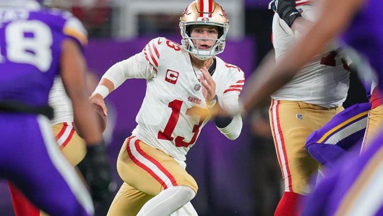 49ers QB Brock Purdy in 2023 against the Vikings