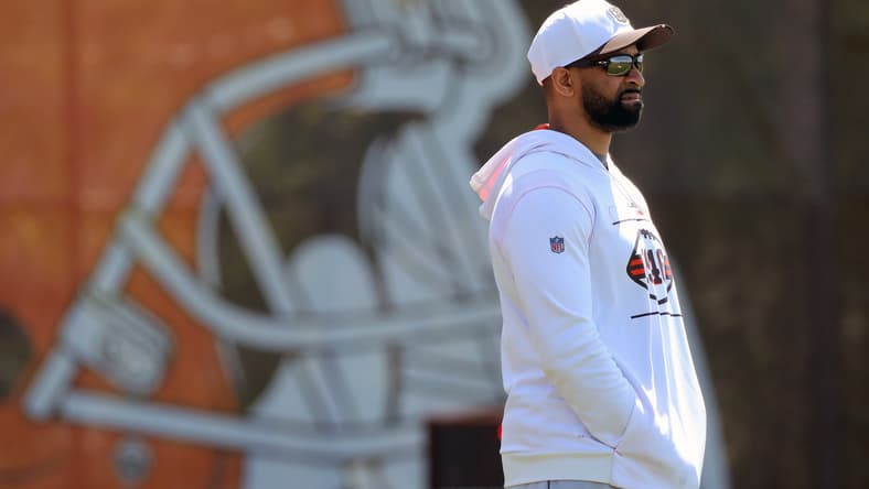 Browns general manager Andrew Berry watches rookie minicamp practice. Benton Whitley