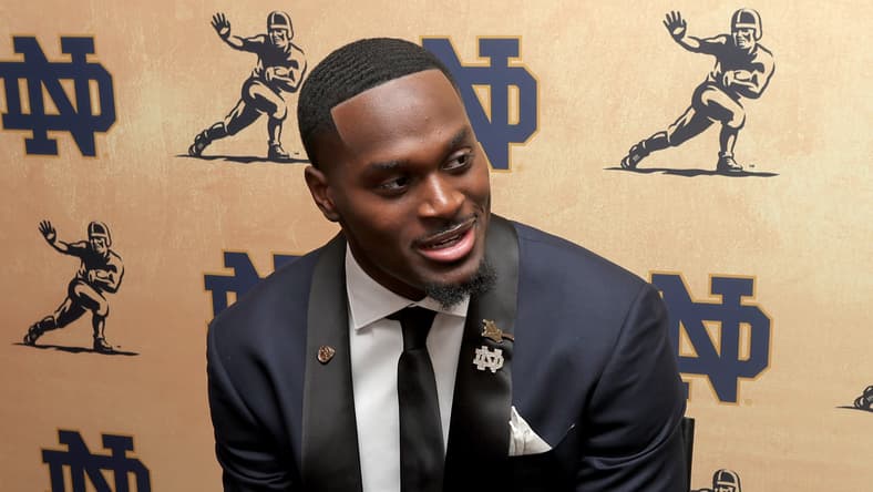 Notre Dame RB Jeremiyah Love in 2025 at the Heisman ceremony