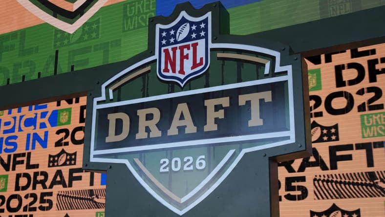 Wide view of the 2025 NFL Draft stage and logo at Lambeau Field in Green Bay.