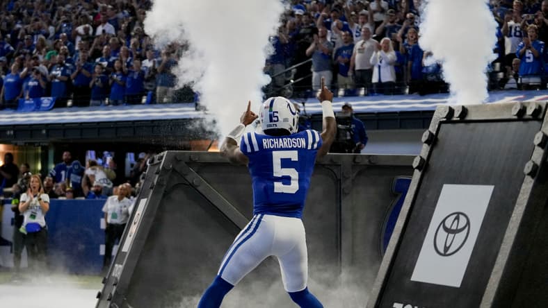 Indianapolis Colts quarterback Anthony Richardson takes the field before kickoff against the Jacksonville Jaguars on Sept. 10, 2023, at Lucas Oil Stadium in Indianapolis, preparing for his regular-season debut as the franchise’s young signal-caller while fans fill the stadium for an AFC South matchup. Mandatory Credit: Jenna Watson-USA TODAY NETWORK.