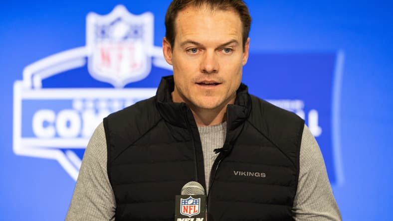 Kevin O’Connell speaks with reporters at the NFL Combine in Indianapolis. J.J. McCarthy