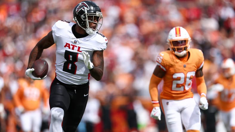 Kyle Pitts catches a touchdown pass for the Falcons during a road game against the Buccaneers. cheapest Vikings tickets